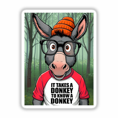 Cartoon of a donkey wearing glasses and a hat, titled It Takes A Donkey To Know A Donkey Funny Quote, available as stickers or digital artwork from Decal Venue.