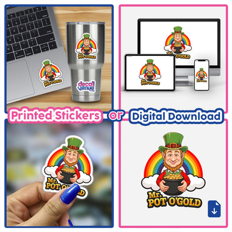 Mr. Pot O'Gold St. Patrick's Day sticker features a cartoon leprechaun holding a pot of gold, perfect for laptops or digital use, ideal for festive decoration.