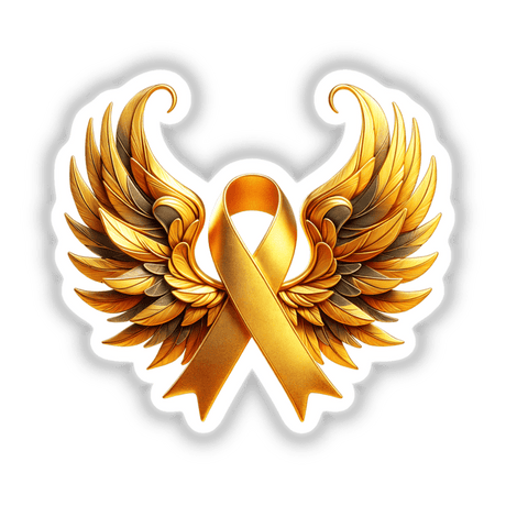 Gold Awareness Ribbon with Wings sticker, showcasing artistic design with winged elements, available as vinyl stickers or digital artwork from Decal Venue. Perfect for unique decorative purposes.