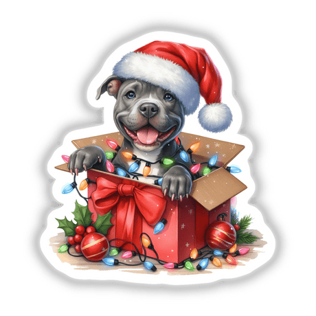 Santa Pitbull Dog in a Christmas Box IV features a playful pitbull adorned with Christmas lights, sitting in a festive box. Available as unique stickers or digital artwork from Decal Venue.