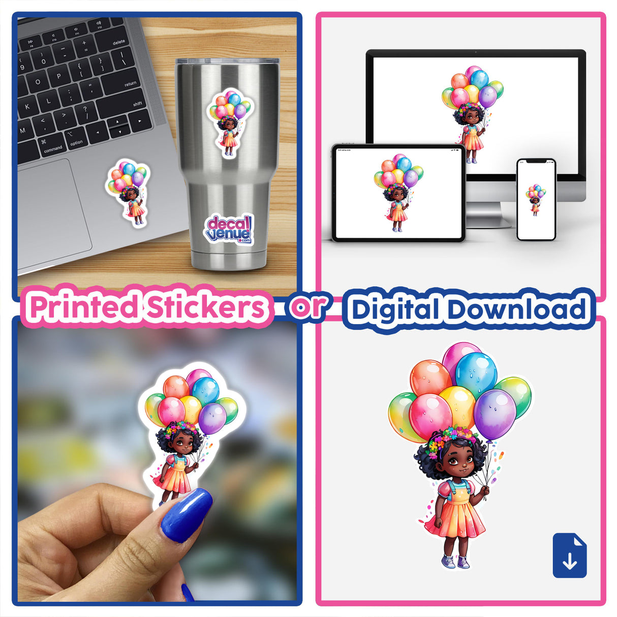 Birthday Bliss: Cute Girl with Bunch of Balloons Sticker featuring a cartoon girl holding colorful balloons, perfect for decorating laptops, cups, and more. Available as stickers or digital artwork.