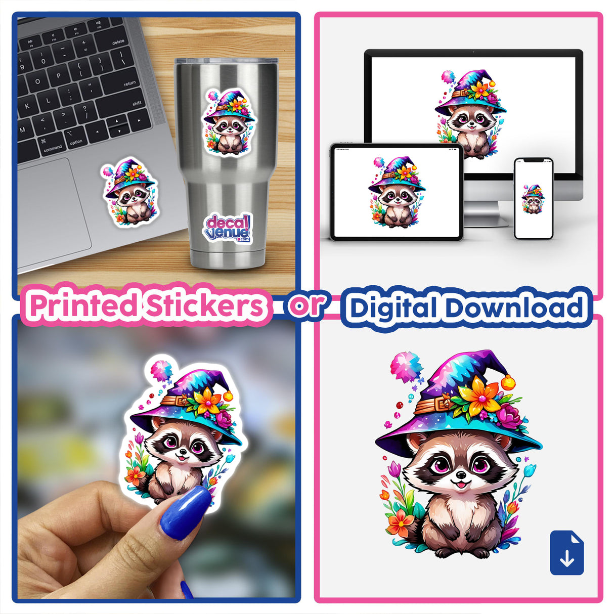 Tiny raccoon Witch sticker collage, featuring a cartoon raccoon wearing a hat, perfect for decorating laptops or cups.