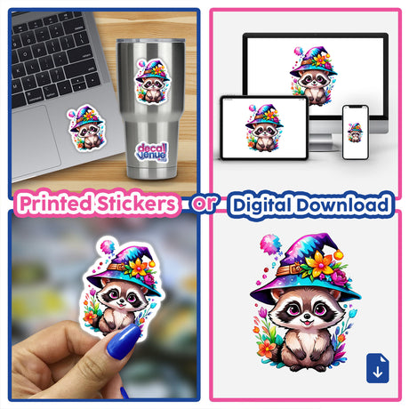 Tiny raccoon Witch sticker collage, featuring a cartoon raccoon wearing a hat, perfect for decorating laptops or cups.