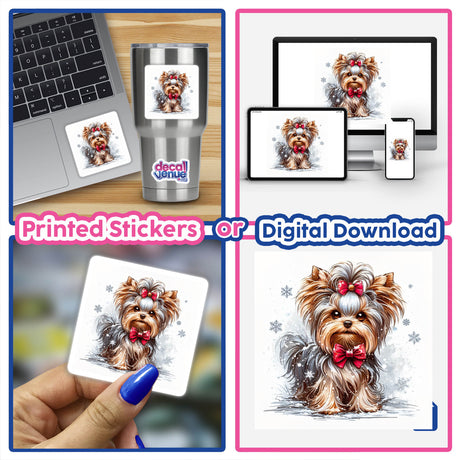 Holiday Winter Yorkie Dog collage featuring laptop stickers and digital artwork, highlighting a Yorkie with a bow tie, available as unique stickers or digital art from Decal Venue.