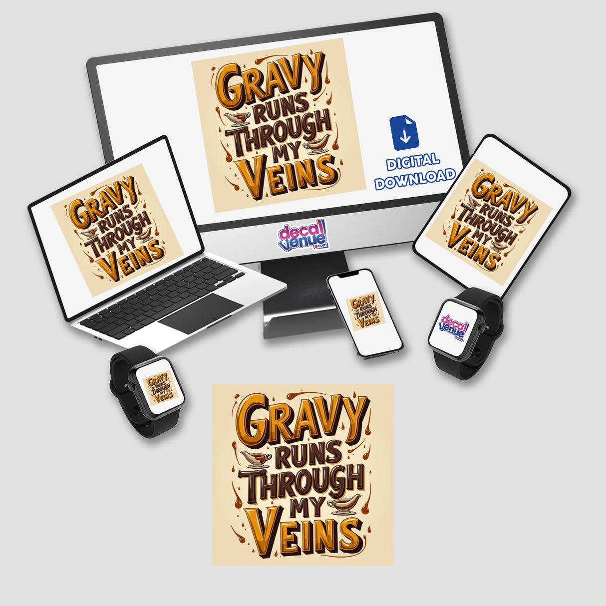 Gravy Runs Through My Veins Thanksgiving Sticker or Clipart, featuring a laptop and electronic devices, available as stickers or digital artwork with commercial rights.