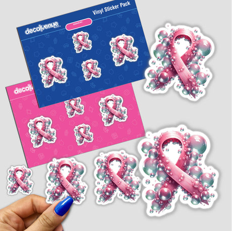 Bubbles Pink Ribbon Breast Cancer stickers featuring pink ribbons with bubbles, available as stickers or digital artwork from Decal Venue.