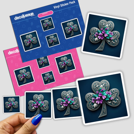 Silver Filigree Shamrock sticker pack, featuring ornate clovers with vibrant purple and green floral accents, held in a hand. Ideal for unique vinyl sticker collections or digital artwork enthusiasts.