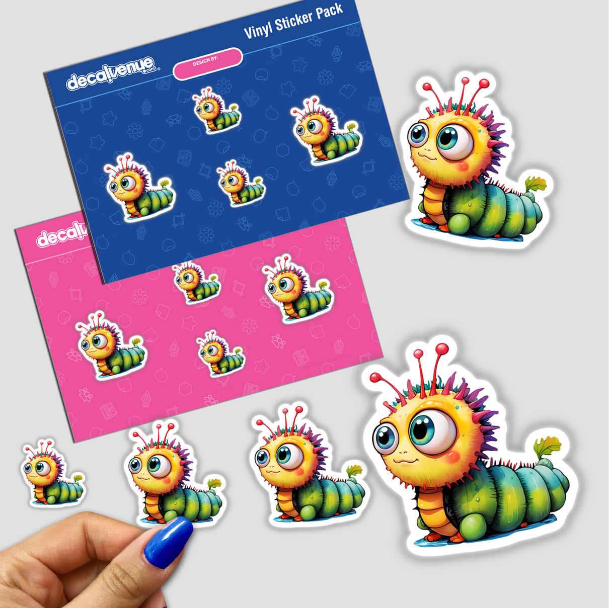 Quirky Caterpillar Cartoon Sticker featuring a fun and cute design with cartoon characters, available as stickers or digital artwork from Decal Venue.