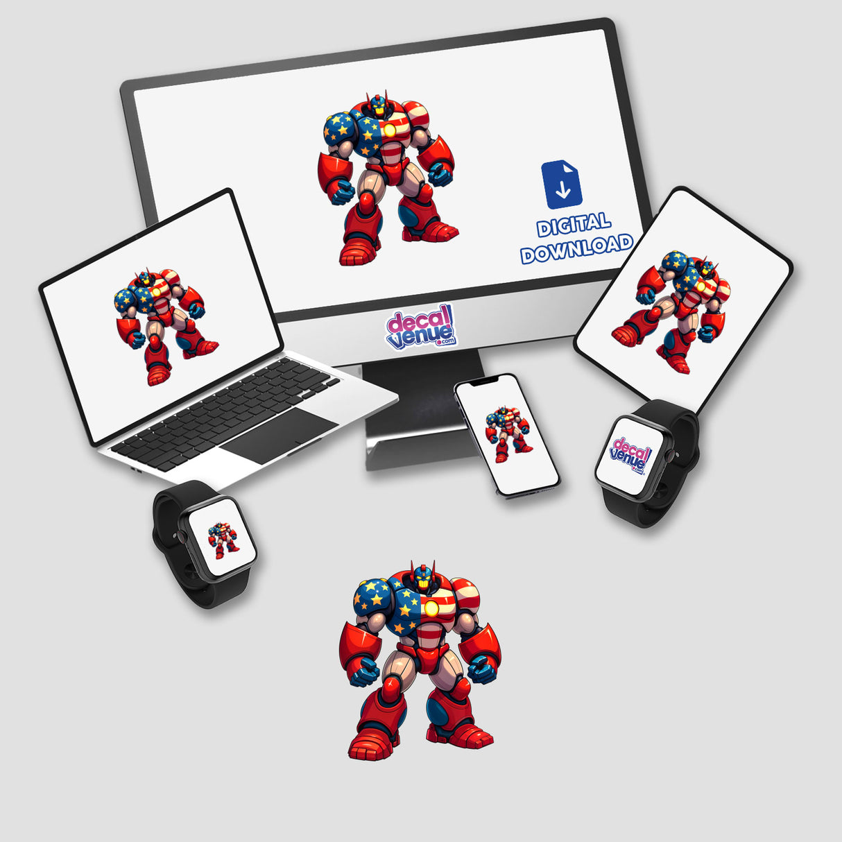 A Cool American Flag Army Robot displayed on a laptop screen, showcasing its cartoon design. Available as stickers or digital artwork, embodying Decal Venue's unique vinyl and digital art offerings.