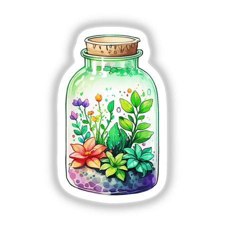 Enchanted Chibi Greens: Magic Plants in a Clear Glass Bottle - Detailed glass jar filled with whimsical flowers and leaves, available as stickers or digital artwork.