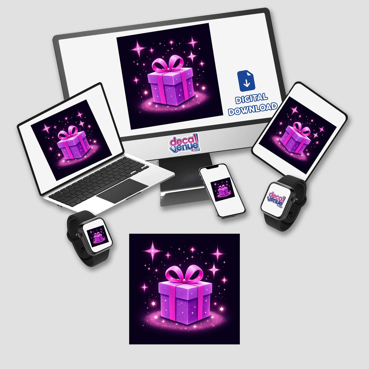 Purple Gift Box with Pink Ribbon and Festive Lights displayed on a computer monitor and laptop screen, available as stickers or digital artwork from Decal Venue.