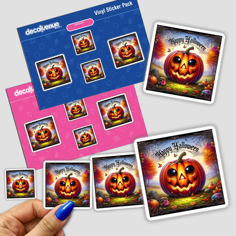 Hand holding a sticker pack from the Bronze Halloween Series 6, featuring cartoon pumpkins and Halloween-themed designs, available as stickers or digital artwork.