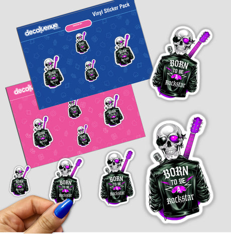 Sticker pack titled Born To Be A Rockstar featuring skulls with guitars and microphones, embodying a rockstar theme. Available as stickers or digital artwork from Decal Venue.