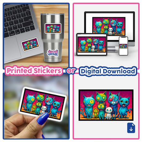 Collage featuring Six Crazy Colored Psycho Cats as stickers and digital artwork, showcasing quirky cat designs on laptops and phones, illustrating Decal Venue's unique sticker collection.