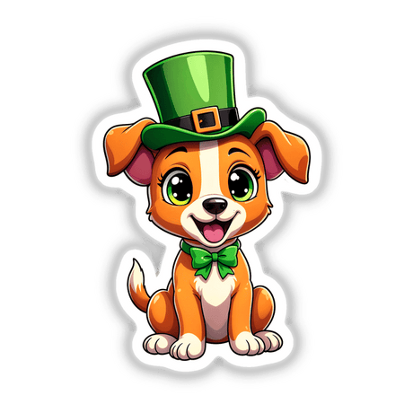 St. Patrick's Day Puppy cartoon features a dog with a green hat and bow tie, available as stickers or digital artwork from Decal Venue.