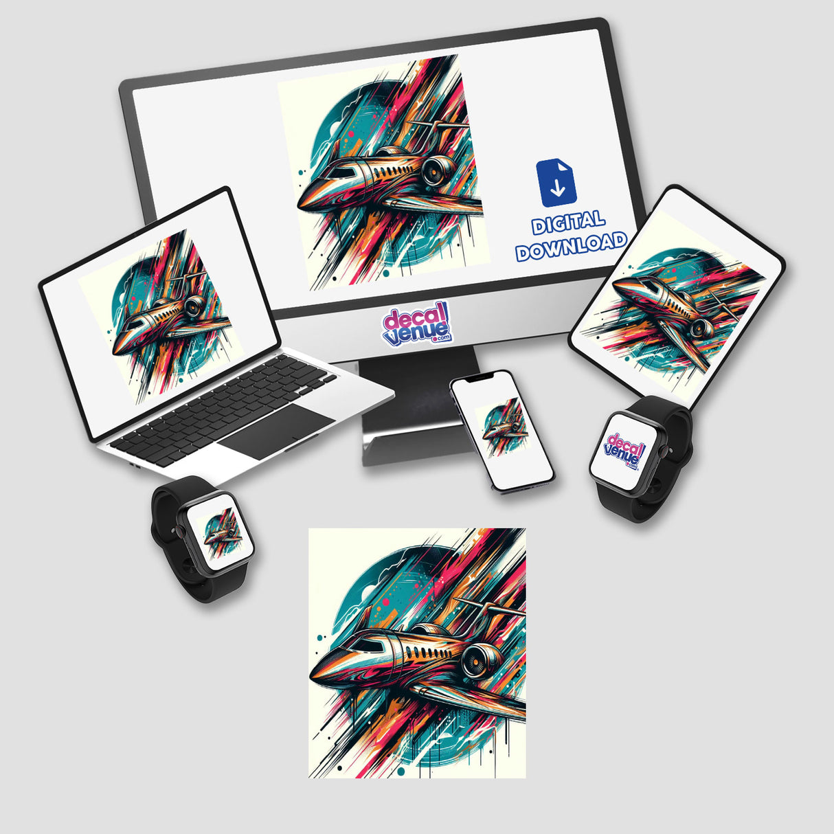 Vibrant digital artwork of a Lear jet with bold colors and dynamic brushstrokes, displayed on various digital devices including a computer, laptop, smartphone, and smartwatch. The "Decal Venue" logo and "Digital Download" text suggest this is a digital artwork product available for purchase or download.