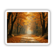 Charming Fall Pathway - iPad Pro 12.9 Wallpaper & Stickers | Download with Commercial Rights: A serene autumn road adorned with fallen leaves and surrounded by vibrant trees.