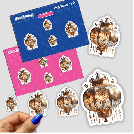 Sticker pack featuring Elegant Vintage Lantern Showcase with Exquisite Details, displayed with a hand holding one sticker, emphasizing intricate lantern patterns. Available as Stickers or Digital Artwork.