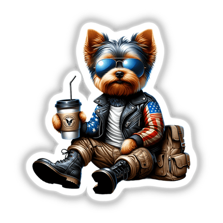 Patriotic Yorkshire Terrier with Coffee, Digital Artwork available as stickers or digital download format