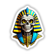 Cartoon featuring A Cool Egyptian Pharaoh Skull, depicting a skeleton adorned in a blue and yellow pharaoh hat and garment, available as unique stickers or digital artwork.