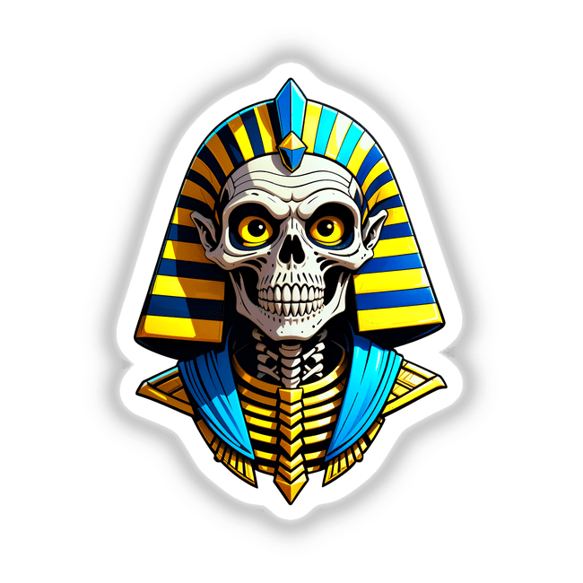 Cartoon featuring A Cool Egyptian Pharaoh Skull, depicting a skeleton adorned in a blue and yellow pharaoh hat and garment, available as unique stickers or digital artwork.