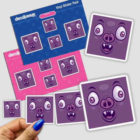 Sticker pack featuring Wacky Cartoon Vampire Bat Face with expressive cartoon faces. The hand-held set includes various quirky designs, capturing the playful spirit of Decal Venue's unique vinyl stickers.