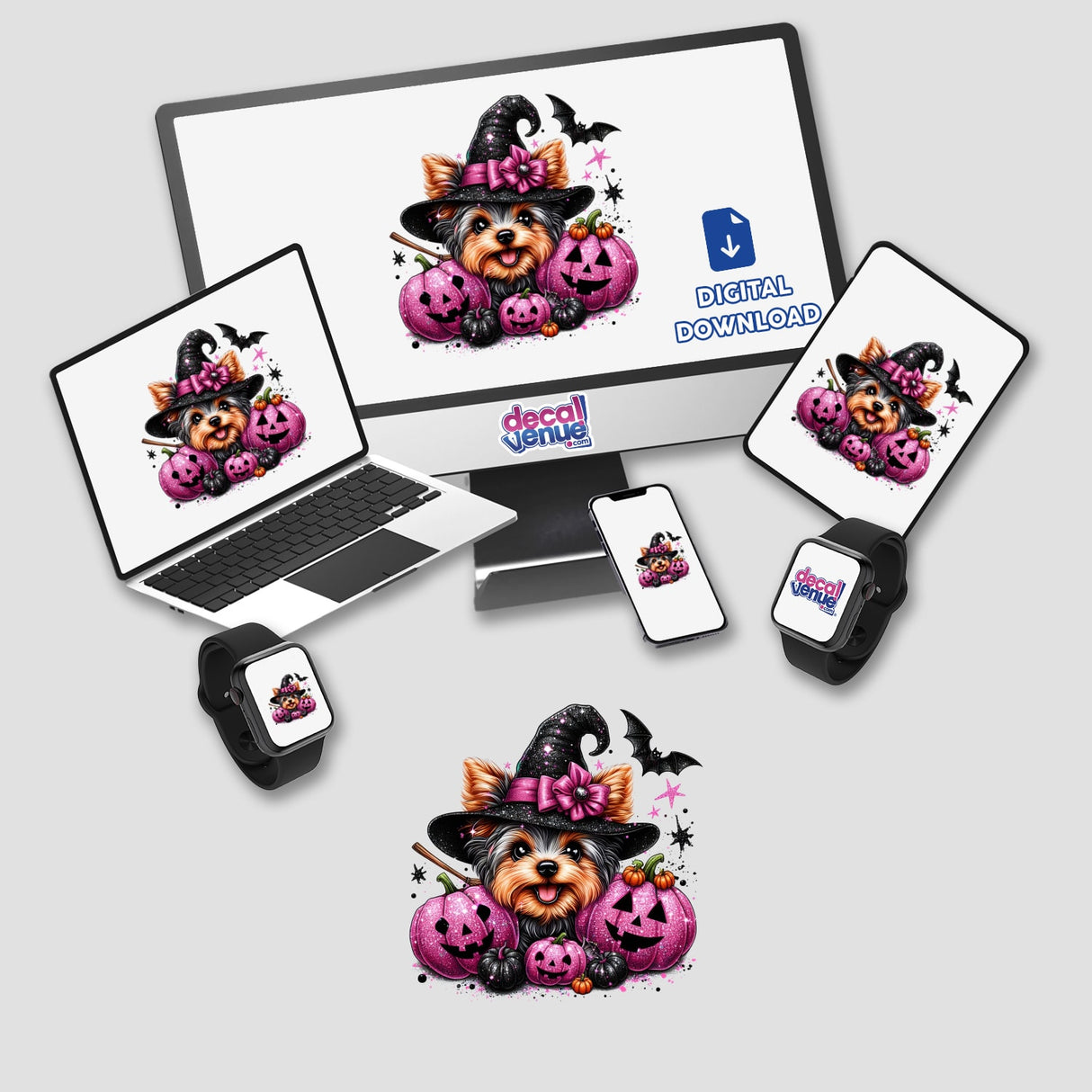 Cute Halloween glitter pumpkins and Yorkie dog digital artwork featuring a festive pumpkin display and a small dog wearing a witch's hat, displayed across various digital devices.