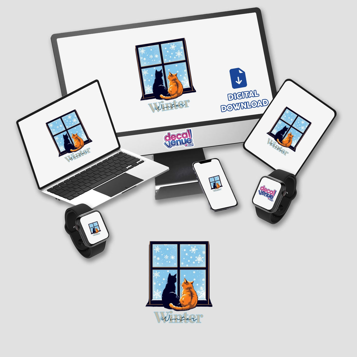 Cute cats in Winter digital artwork featuring a cat on screens of various gadgets, including a laptop and tablet, alongside cats on a windowsill, available as stickers or digital art.