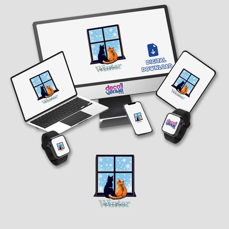 Cute cats in Winter digital artwork featuring a cat on screens of various gadgets, including a laptop and tablet, alongside cats on a windowsill, available as stickers or digital art.