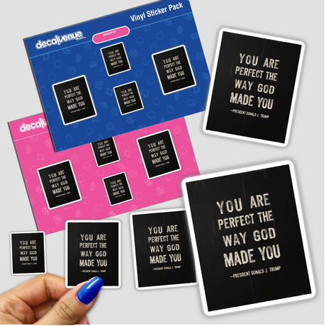 Sticker pack featuring the Donald Trump Inspirational Quote with the message You Are Perfect The Way God Made You, designed for children with a conservative Christian and patriotic theme.