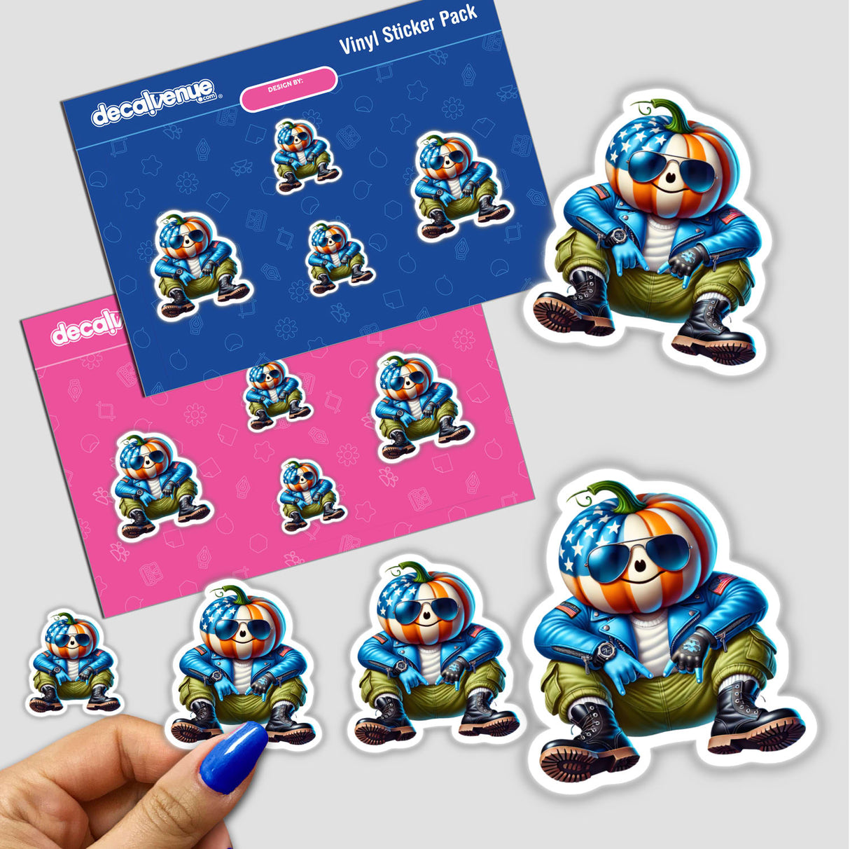 Hand holding a sticker pack featuring the Patriotic Leather Pumpkin Head Aviator Sunglasses design, showcasing various cartoon pumpkin characters in different outfits and poses.