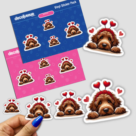 Peeking Brown Valentine Goldendoodle Dog sticker featuring a cartoon dog adorned with a flower crown and surrounded by hearts, available as both a sticker and digital artwork.