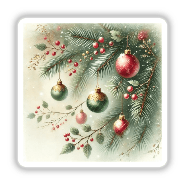 Winter Magic - Christmas Ornaments and Pine Boughs, featuring close-up views of intricate green and gold ornaments amidst festive decorations. Available as Stickers or Digital Artwork.