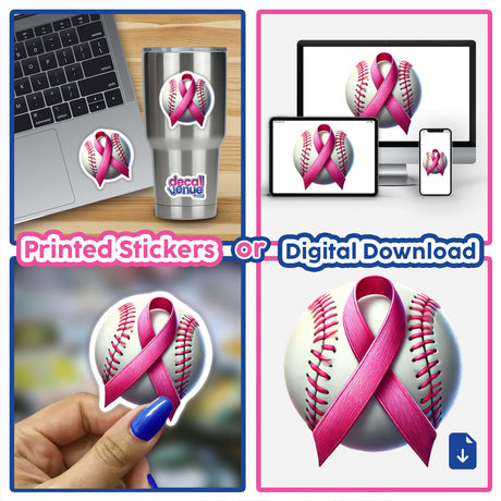 Baseball Ball Pink Ribbon Breast Cancer design available as stickers or digital artwork, featuring a collage of images with a baseball adorned with a pink ribbon.