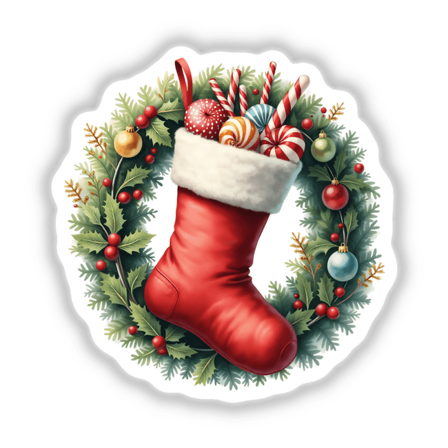 Stocking in a Christmas Wreath featuring a red stocking filled with candy, surrounded by festive ornaments. Available as unique stickers or digital artwork from Decal Venue.