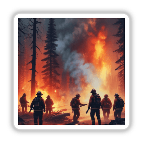 Hero Series 2: Group of firefighters battling a fire, available as unique stickers or digital artwork.