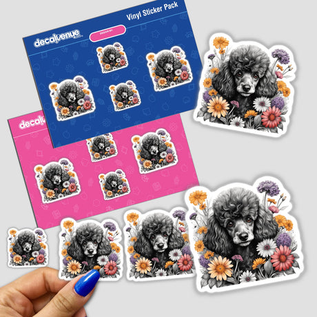 Black Poodle Dog Portrait Floral Accents PA34