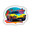 A Classic Graffiti Car sticker or digital artwork, showcasing a yellow car adorned with vibrant graffiti, highlighting close-up details like headlights and wheels, perfect for art enthusiasts.