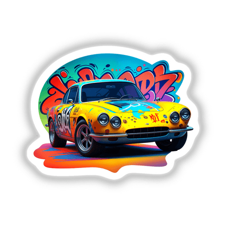 A Classic Graffiti Car sticker or digital artwork, showcasing a yellow car adorned with vibrant graffiti, highlighting close-up details like headlights and wheels, perfect for art enthusiasts.