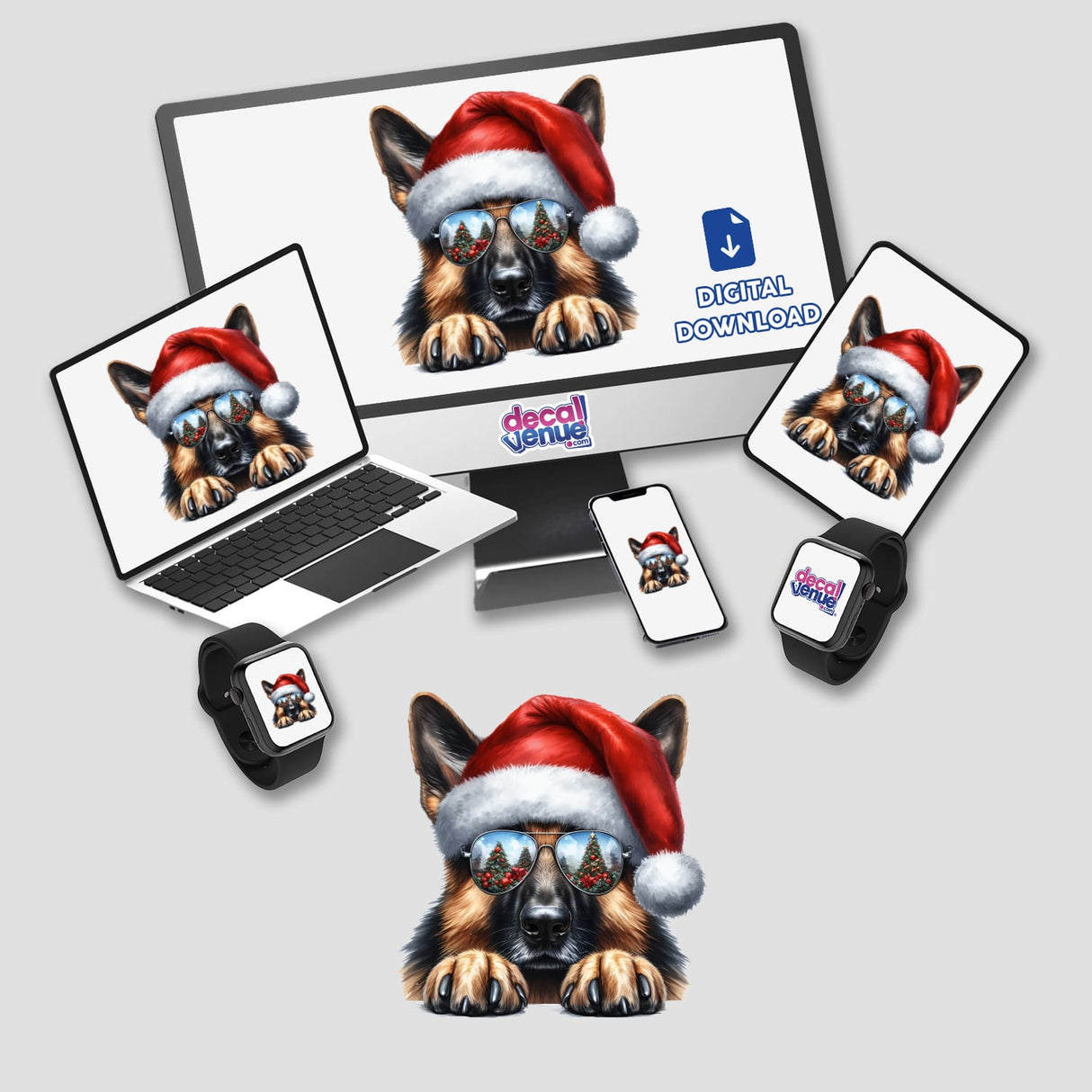 Resting Christmas Santa German Shepherd Dog II features a German Shepherd wearing a Santa hat and sunglasses, depicted on a computer monitor and laptop, available as stickers or digital artwork.