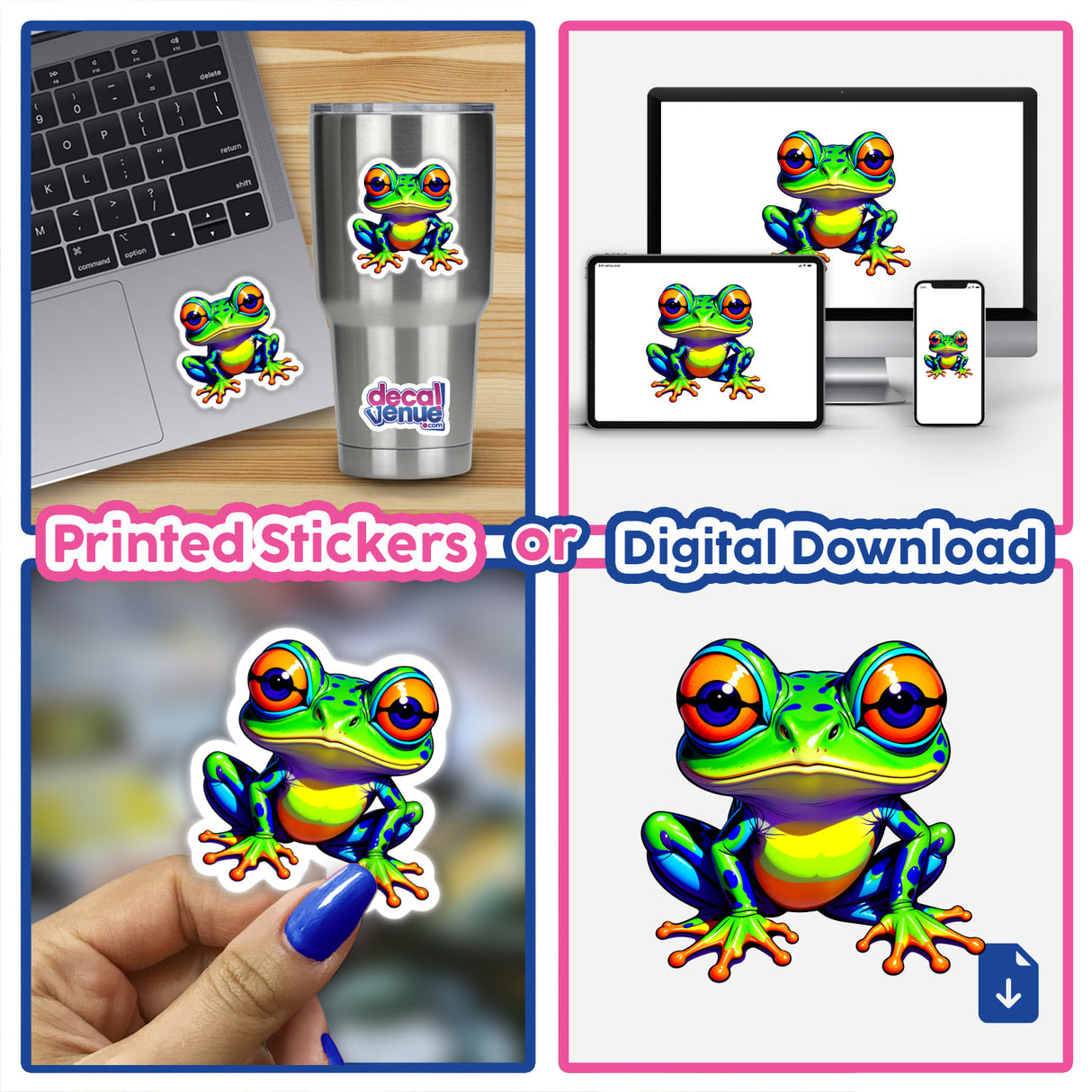 A Colorful Jungle Frog sticker displayed on various items, including a laptop and cup, showcasing its cartoonish design with big eyes. Available as a sticker or digital artwork.