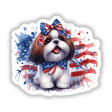 Patriotic Shih Tzu Dog American Flag Splatter: A cartoon Shih Tzu with a bow and flowers on its head, available as stickers or digital artwork.