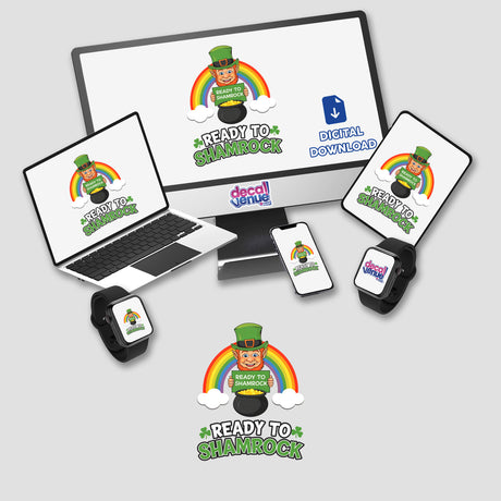 Ready To Shamrock St. Patrick's Day digital artwork featuring a leprechaun cartoon on various screens, available as unique stickers from Decal Venue.