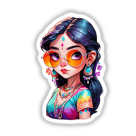 Indian Girl with Colorful Sunglasses: Sticker Illustration of a cartoon girl with vibrant glasses, available as stickers or digital artwork at Decal Venue.