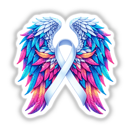 White Awareness Ribbon with Wings sketch featuring colorful feathers, available as vinyl stickers or digital art, embodying Decal Venue's unique artistic style.