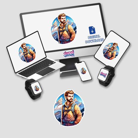 Illustrated mountaineer character depicted on digital devices, including a laptop, smartphone, and smartwatch, against a white background with the Decal Venue logo.