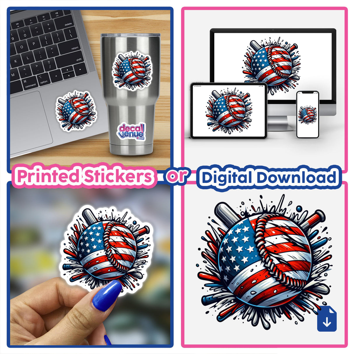 Collage displaying the American Flag Baseball Splatter III as stickers and digital art, featuring a baseball with flag design on a laptop and as a standalone sticker.