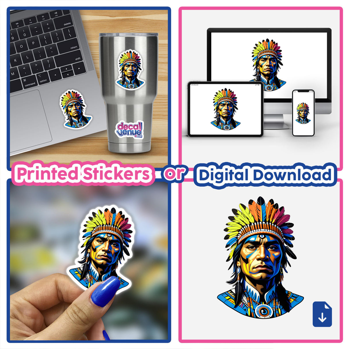 Collage featuring A Native American Warrior Chief as vinyl stickers and digital art, applied on items like a laptop and cup, showcasing Decal Venue's unique design offerings.