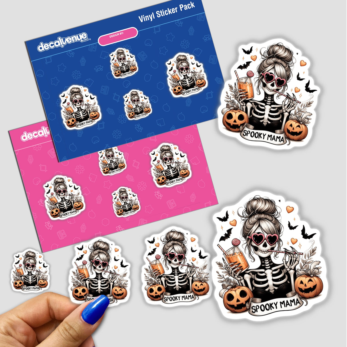 Spooky Skeleton Zombie Mama sticker featuring a cartoon skeleton with sunglasses and a drink. Available as part of a Halloween sticker pack, ideal for unique decorative purposes.