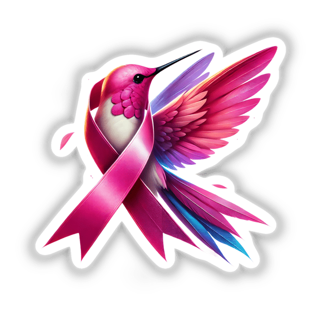 Hummingbird Pink Ribbon Breast Cancer artwork featuring a cartoon hummingbird adorned with a pink ribbon, available as stickers or digital artwork.